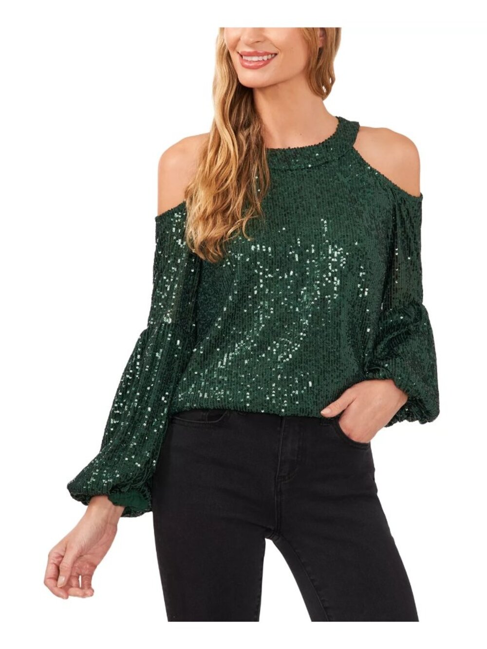 CeCe Women's Sequined Long Sleeve Cold-Shoulder Blouse Green Size M MSRP $89